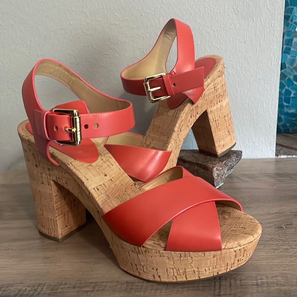 Michael Kors Orange Leather & Cork Platform Sandals -  NWOT